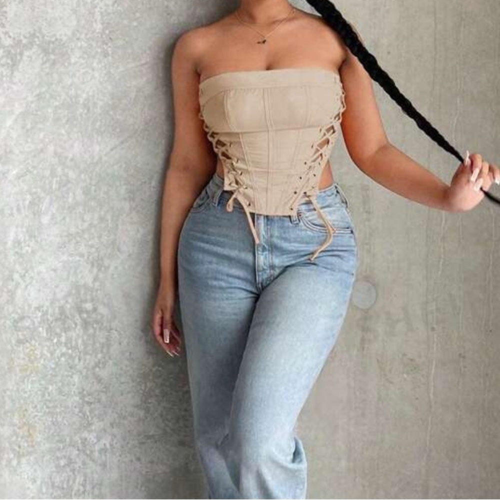 Beige Lace-Up Corset Top